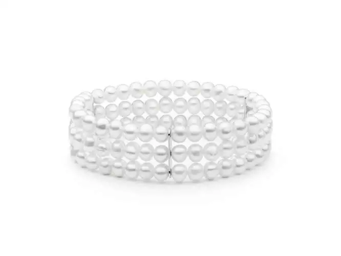 Trend-Perlenarmband 3-reihig flex weiß rund, 5-5.5 mm, Silber, Gaura Pearls, Estland